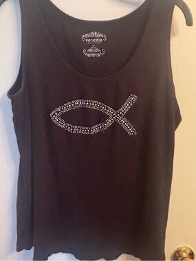 Venezia Black Tank Top with Rhinestone Fish Motif